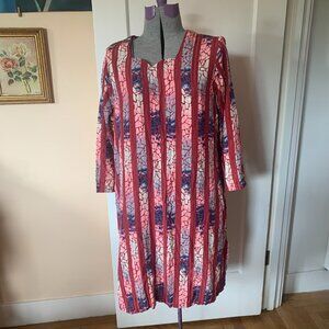 VTG Handmade Silk Tunic Dress Sz L Rust Red Boho Stripe Abstract Pattern Scallop